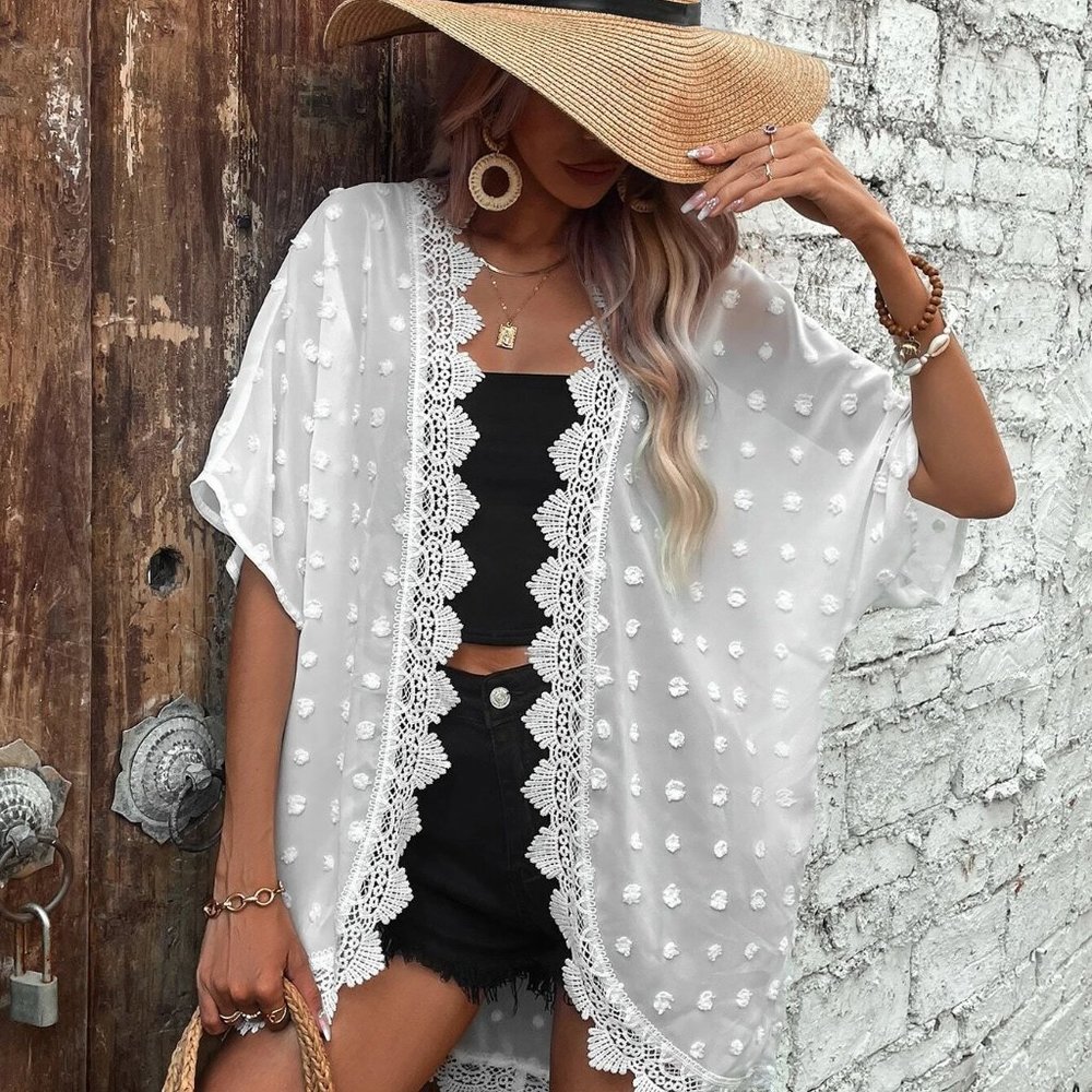 White Boho Womens Swiss Dot Contrast Lace Dolman Sleeve Kimono - Picture 4 of 5
